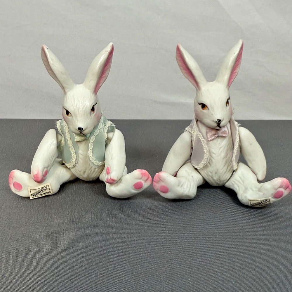 Midwest Taiwan Vintage‎ Porcelain Jointed Posable Bunnies Figurines 2 Pcs Decor